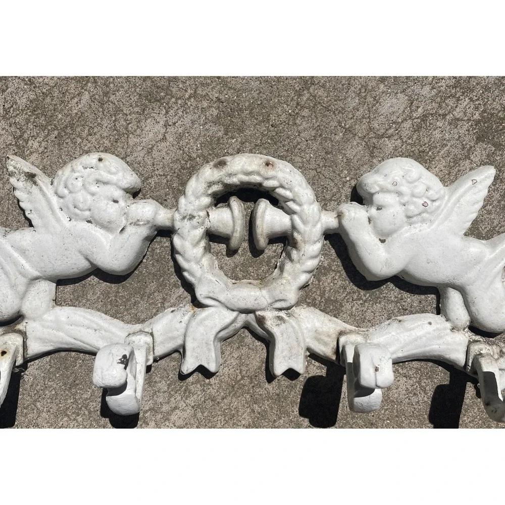 Vintage Ornate Cherub Wall Decoration Painted White Cast Wrought Iron Hook Metal